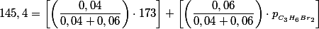 145,4=\left[\left(\frac{0,04}{0,04+0,06}\right) \cdot173\right]+\left[\left(\frac{0,06}{0,04+0,06}\right) \cdot p__{C_3H_6Br_2}\right]